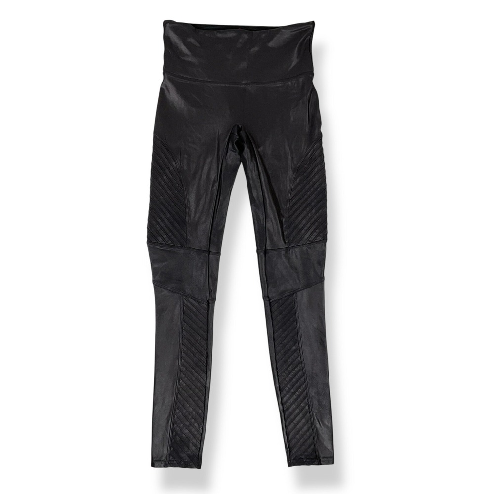 Spanx Leggings Women Medium Black‎ Skinny High Waisted Moto Coated Stretch EUC